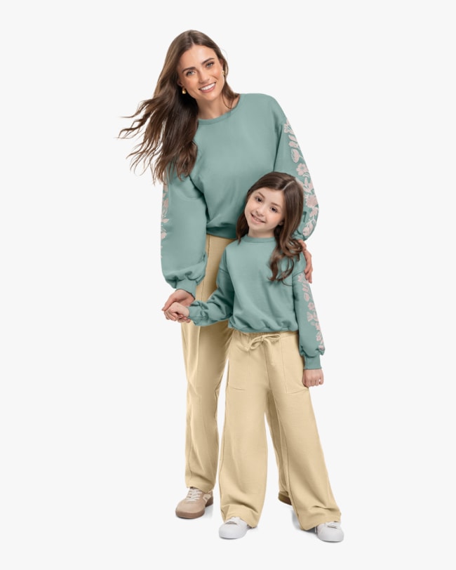 Blusão Moletom com Estampa Relevo Tal Mãe Tal Filha - Cereja Rosa - Verde Bamboo-9fecbd7d-6ccb-45b2-b73f-a399332ec965