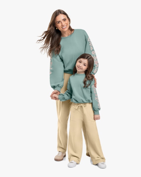 Blusão Moletom com Estampa Relevo Tal Mãe Tal Filha - Cereja Rosa - Verde Bamboo