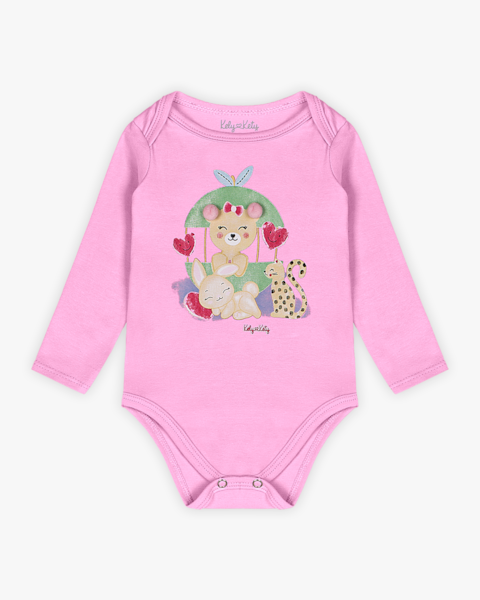 Body Bebê Menina Manga Longa com Estampa e Pompom - Kely Kety - Rosa