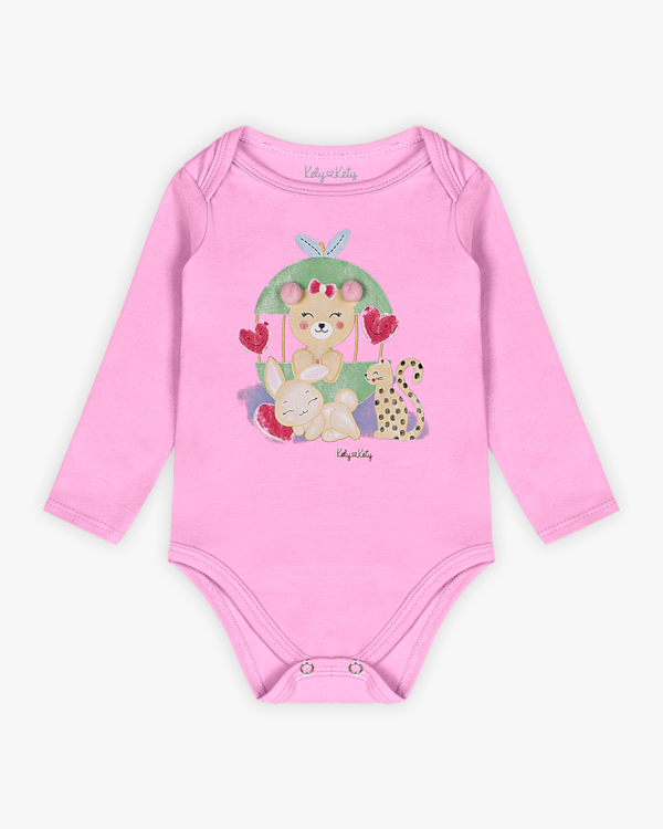 Body Bebê Menina Manga Longa com Estampa e Pompom - Kely Kety - Rosa