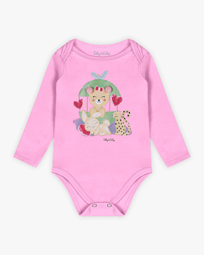 Body Bebê Menina Manga Longa com Estampa e Pompom - Kely Kety - Rosa-9e405a86-e97d-4803-aacc-3b06c2a6c397