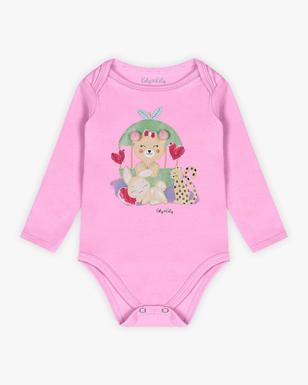 Body Bebê Menina Manga Longa com Estampa e Pompom - Kely Kety - Rosa