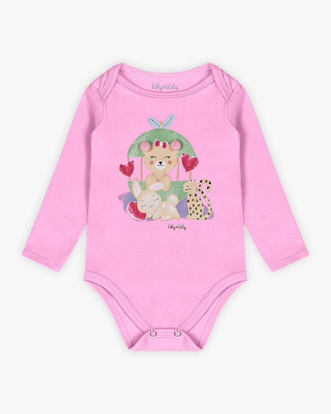 Body Bebê Menina Manga Longa com Estampa e Pompom - Kely Kety - Rosa-bd6d9c69-62ed-4bf2-8701-b8c43d304b96