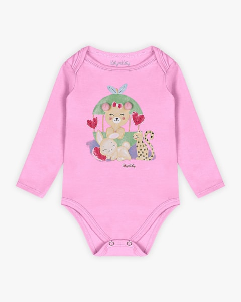 Body Bebê Menina Manga Longa com Estampa e Pompom - Kely Kety - Rosa