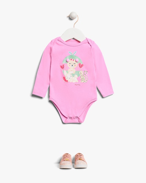 Body Bebê Menina Manga Longa com Estampa e Pompom - Kely Kety - Rosa