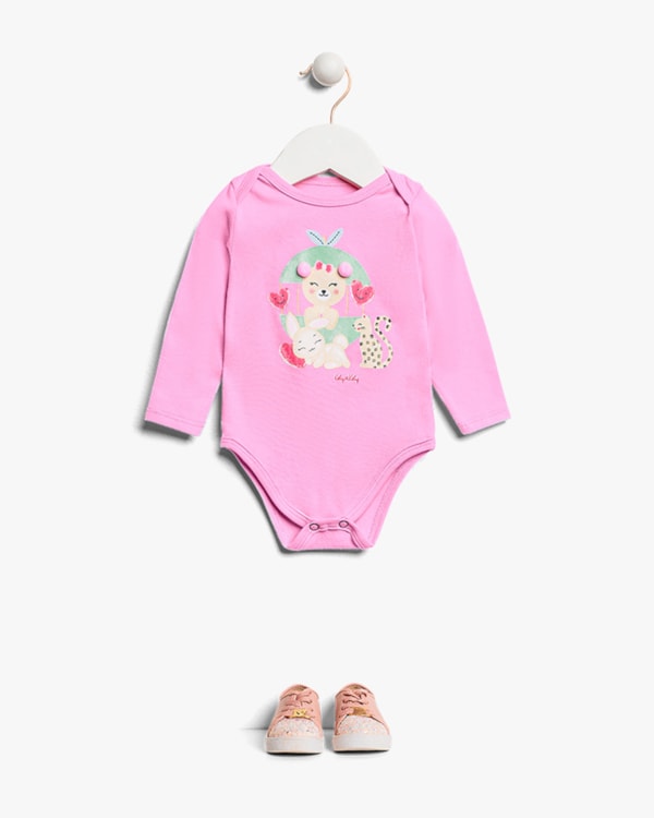 Body Bebê Menina Manga Longa com Estampa e Pompom - Kely Kety - Rosa