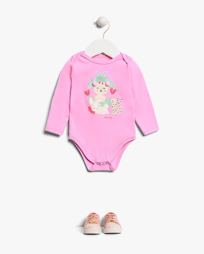 Body Bebê Menina Manga Longa com Estampa e Pompom - Kely Kety - Rosa-01409e7e-cd92-4beb-8dfa-88c7bb754c9a