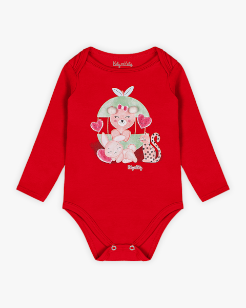 Body Bebê Menina Manga Longa com Estampa e Pompom - Kely Kety - Vermelho
