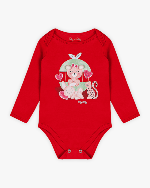Body Bebê Menina Manga Longa com Estampa e Pompom - Kely Kety - Vermelho