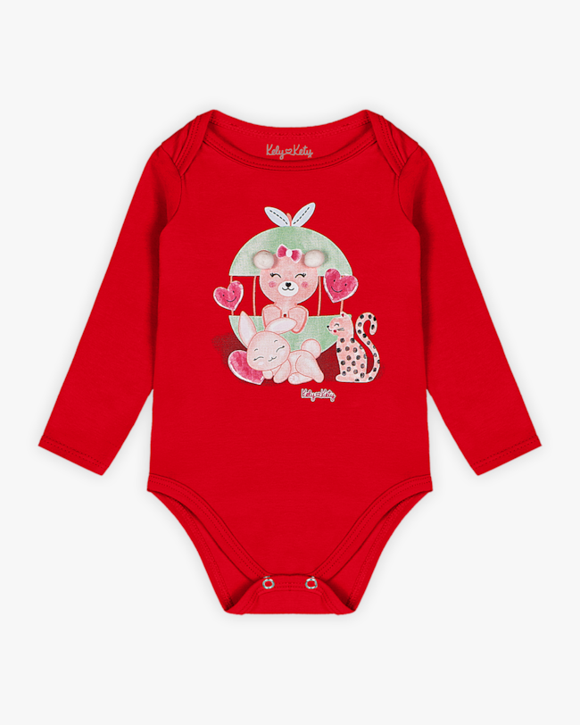 Body Bebê Menina Manga Longa com Estampa e Pompom - Kely Kety - Vermelho-f6da25f4-eda9-433e-b2bd-2cca7348f63b