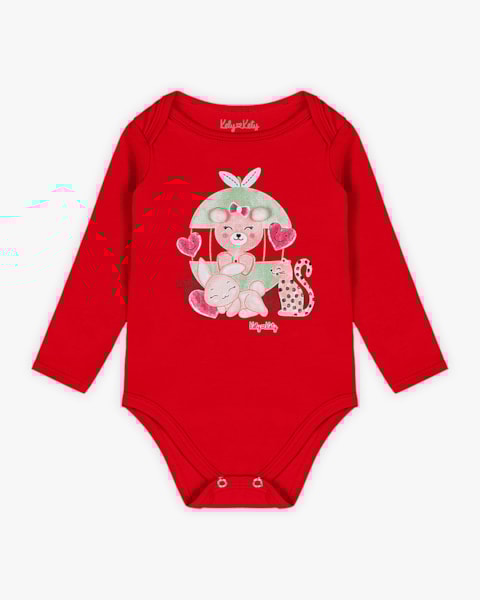 Body Bebê Menina Manga Longa com Estampa e Pompom - Kely Kety - Vermelho