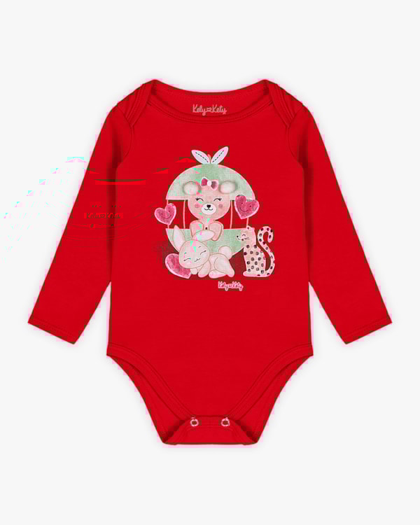 Body Bebê Menina Manga Longa com Estampa e Pompom - Kely Kety - Vermelho