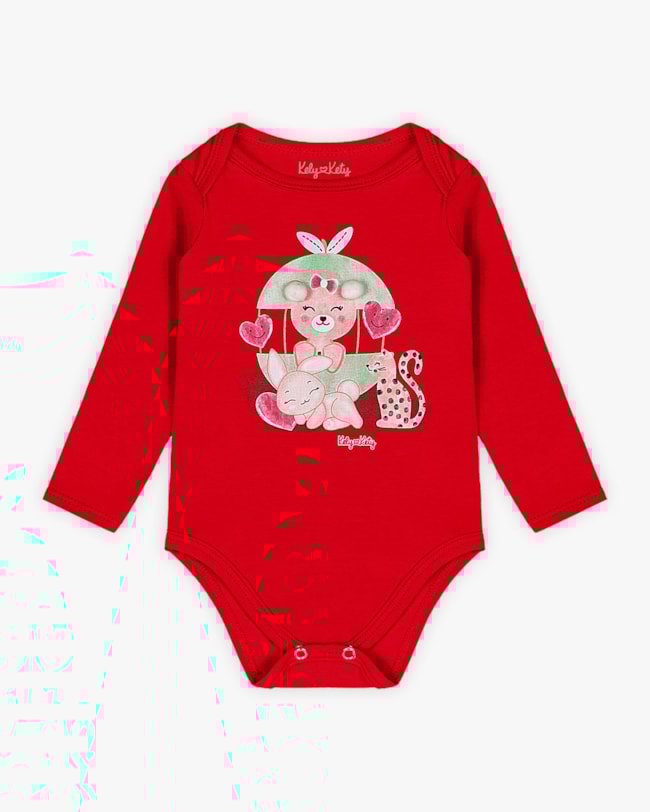 Body Bebê Menina Manga Longa com Estampa e Pompom - Kely Kety - Vermelho-d7948fc7-c681-4740-93e8-cbf06b8017e7