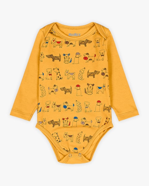 Body Bebê Menino com Manga Longa Estampa Cachorrinho - ReiRex - Amarelo