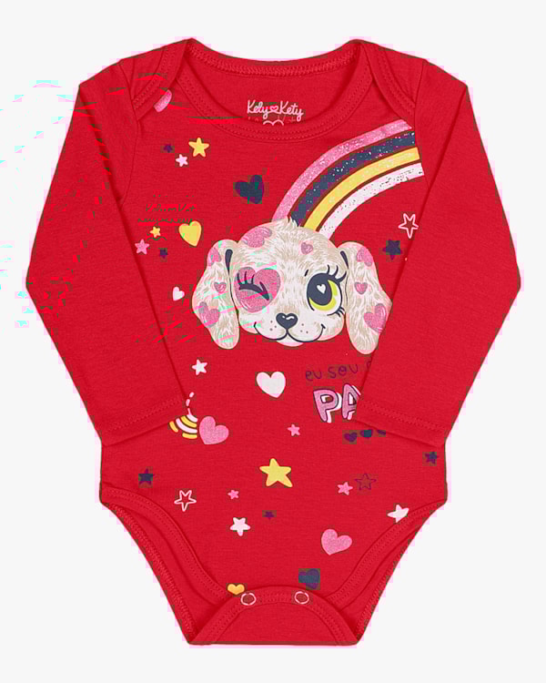 Body Manga Longa Bebê Menina com Estampa Kely Kety -Vermelho