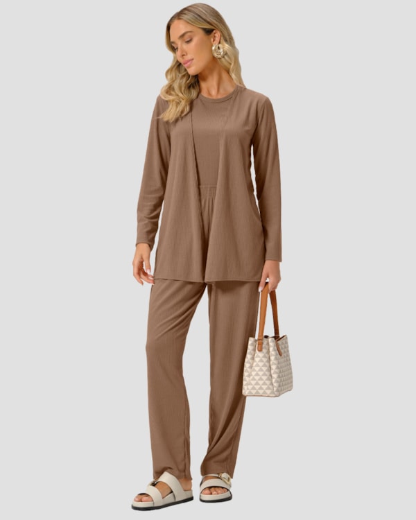 Calça Básica Feminina Malha Canelada - Cereja Rosa - Marrom