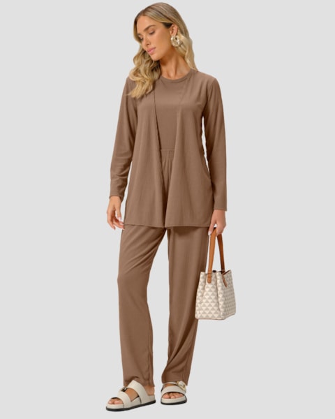 Calça Básica Feminina Malha Canelada - Cereja Rosa - Marrom