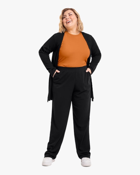 Calça Básica Plus Size em Malha Canelado Cereja Rosa Preto