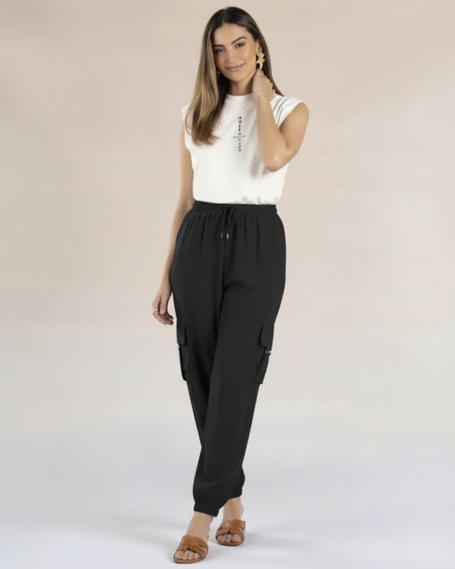 Calça Cargo Jogger Feminina em Viscose Linho - Preto P-7aaf4417-7c0c-40c3-a77f-6b494fecaf7c