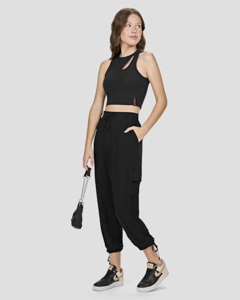 Calça Cargo Juvenil Feminina em Viscose com Amarração – Based – Preto