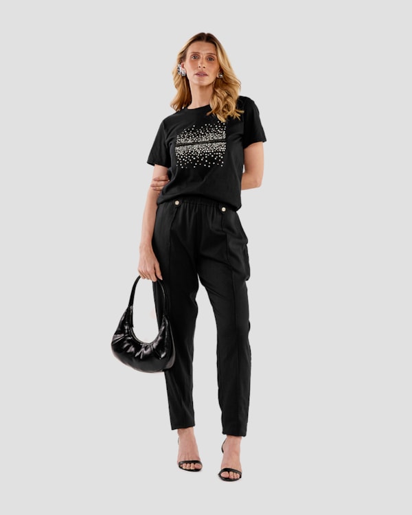 Calça Feminina Cenoura em Viscose Linho - Cereja Rosa - Preto