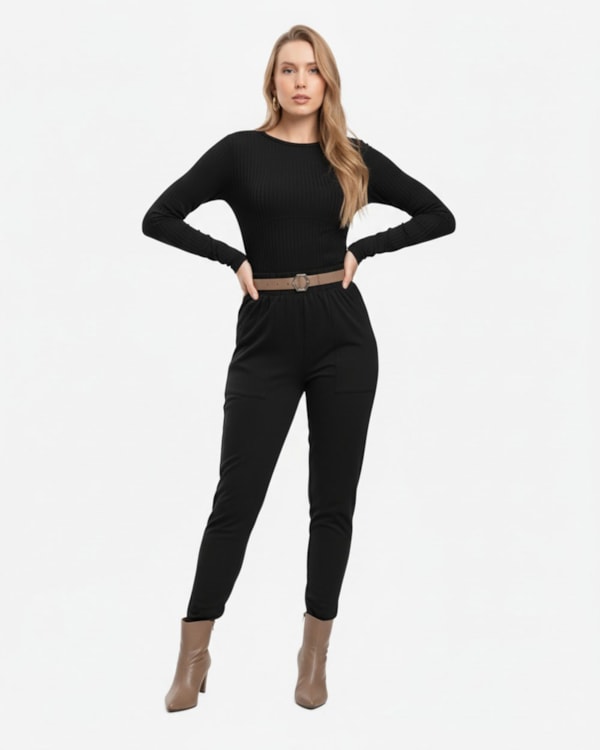 Calça Feminina com Bolso em Malha Felpada - Cereja Rosa - Preto