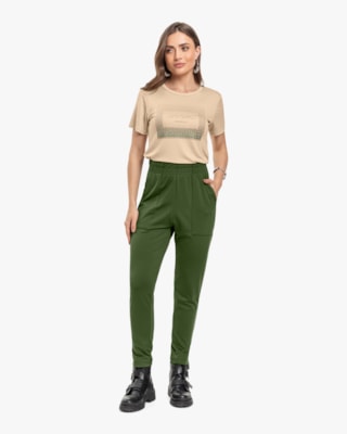 Calça Feminina em Moletom Jeans com Bolso - Cereja Rosa - Militar