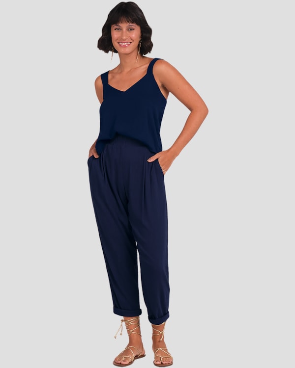 Calça Feminina em Viscose com Pregas Cereja Rosa Azul