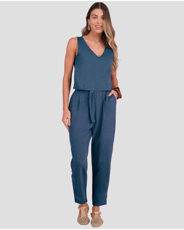 Calça Feminina em Viscose Linho com Cinto Cereja Rosa Azul