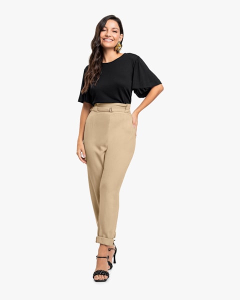 Calça Feminina em Viscose Linho com Cinto - Cereja Rosa - Macchiato