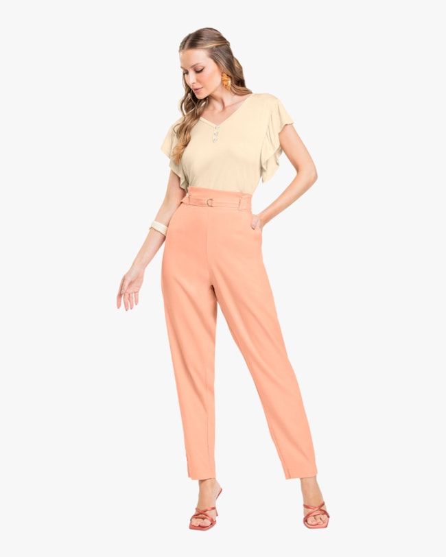 Calça Feminina em Viscose Linho com Cinto - Cereja Rosa - Pessego-G-e7efec41-6762-4554-a020-8033911a204d