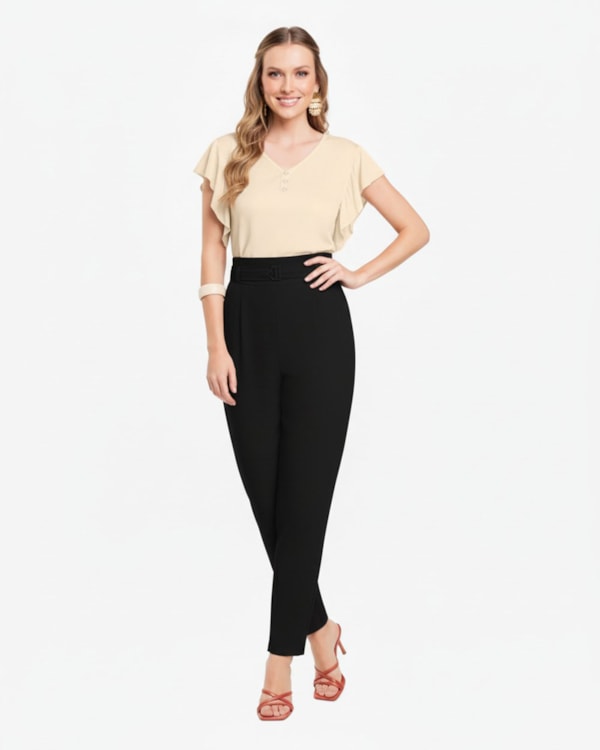 Calça Feminina em Viscose Linho com Cinto - Cereja Rosa - Preto