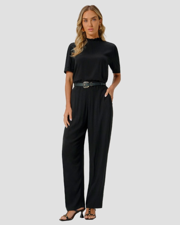 Calça Feminina Pantalona em Viscose com Bolso - Cereja Rosa - Preto