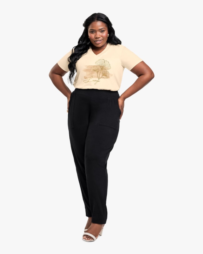Calça Feminina Plus Size em Malha Crepe - Cereja Rosa - Preto-caddf57e-04da-445c-9841-4d054d3ae57a