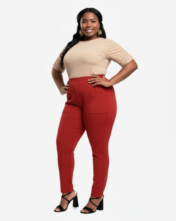 Calça Feminina Plus Size em Malha Crepe - Cereja Rosa - Sienna