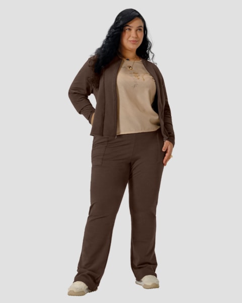Calça Feminina Plus Size em Molecotton com Bolso - Cereja Rosa - Marrom