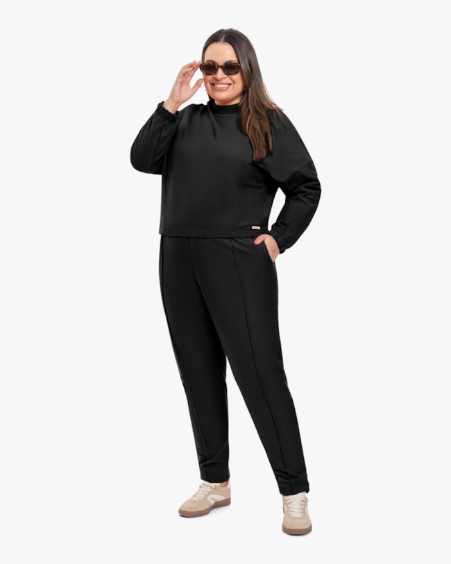 Calça Feminina Plus Size em Moletinho Sarjado - Cereja Rosa - Preto-3a1a4db9-2c6d-4e88-bbdc-021ac7fc4d4c