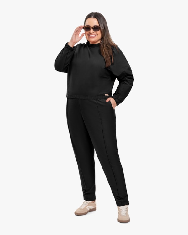 Calça Feminina Plus Size em Moletinho Sarjado - Cereja Rosa - Preto