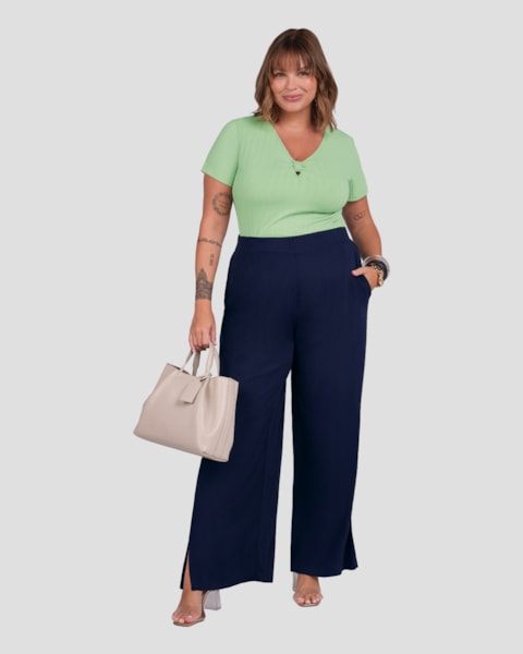 Calça Feminina Plus Size em Viscose com Bolso Cereja Rosa Azul