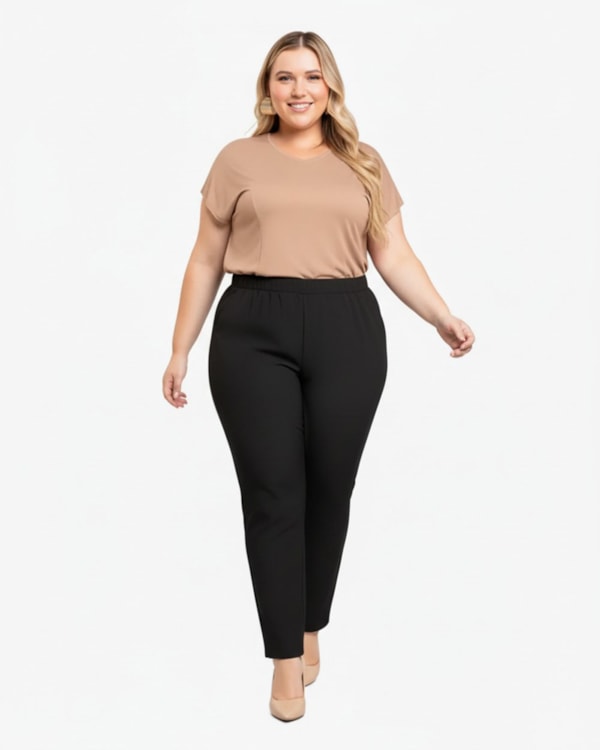 Calça Feminina Plus Size em Viscose com Bolso - Cereja Rosa - Preto