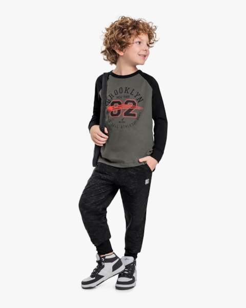 Calça Infantil Menino em Moletom Flamê com Bolso - ReiRex - Preto