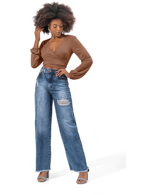Calça Jeans Feminina Cereja Rosa Wide Leg-fa4afabe-443f-45e1-aed0-aca63d552863