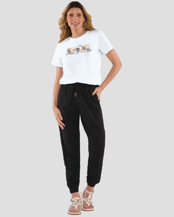 Calça Jogger Feminina com Bolsos - Cereja Rosa - Preto