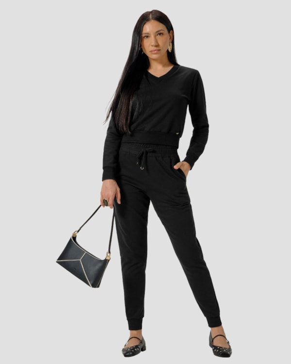 Calça Jogger Feminina em Moletom com Bolso - Cereja Rosa - Preto