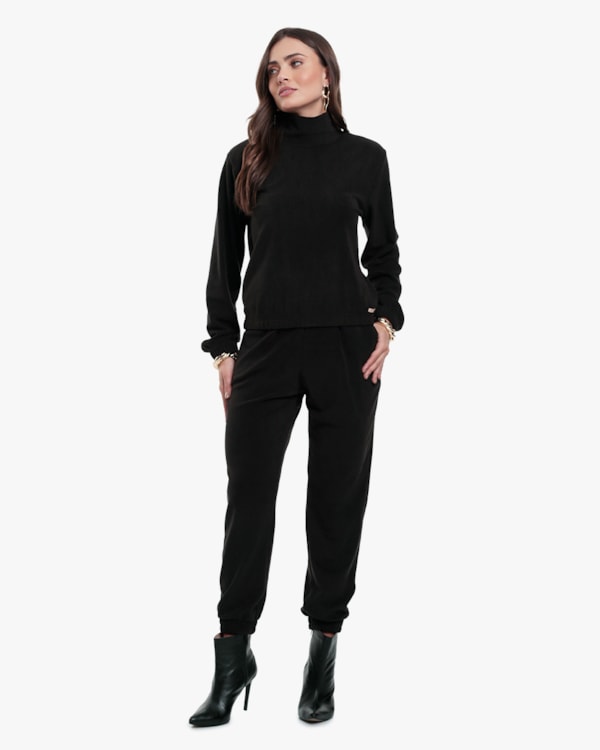 Calça Jogger Feminina em Pelo Aveludado - Cereja Rosa - Preto