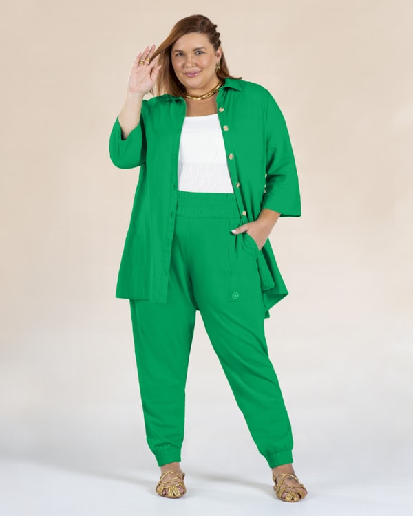Calça Jogger Plus Size em Viscose Linho - Cereja Rosa - Folha