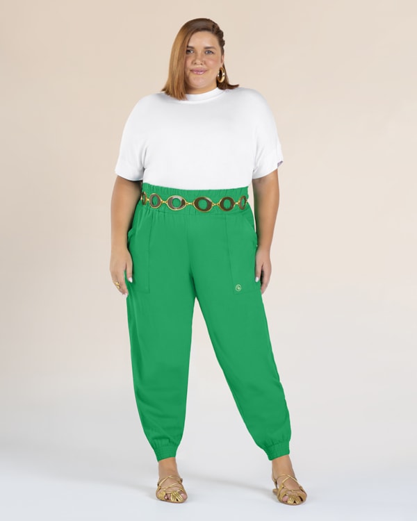 Calça Jogger Plus Size em Viscose Linho - Cereja Rosa - Folha