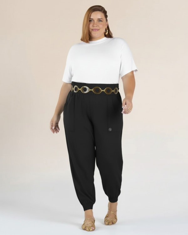 Calça Jogger Plus Size em Viscose Linho - Cereja Rosa - Preto