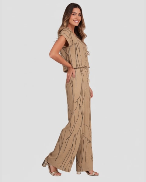 Calça Pantalona em Viscose com Cinto Cereja Rosa Marrom