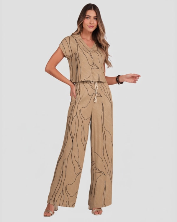 Calça Pantalona em Viscose com Cinto Cereja Rosa Marrom